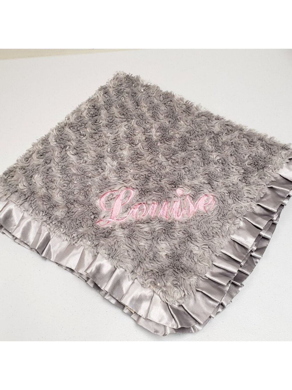 Maison Chic Gray Baby Blanket LOUISE Swirly Satin Ruffle Edge